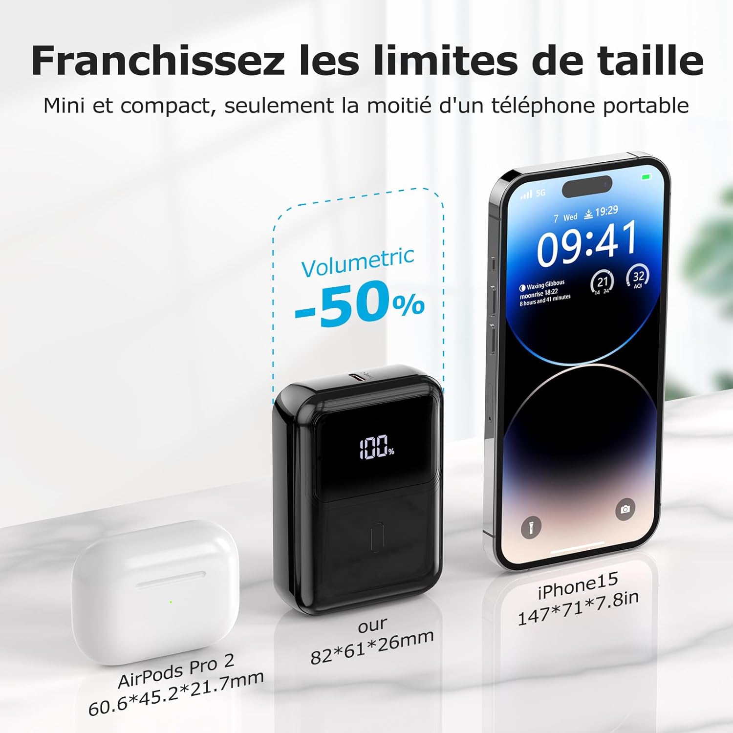 Kuulaa Mini Batterie Externe Pour IPhone 4500mAh – Charge Rapide 12W PD, Prise Intégrée, Compatible IPhone 14/13/12/11 Etc. – Violet