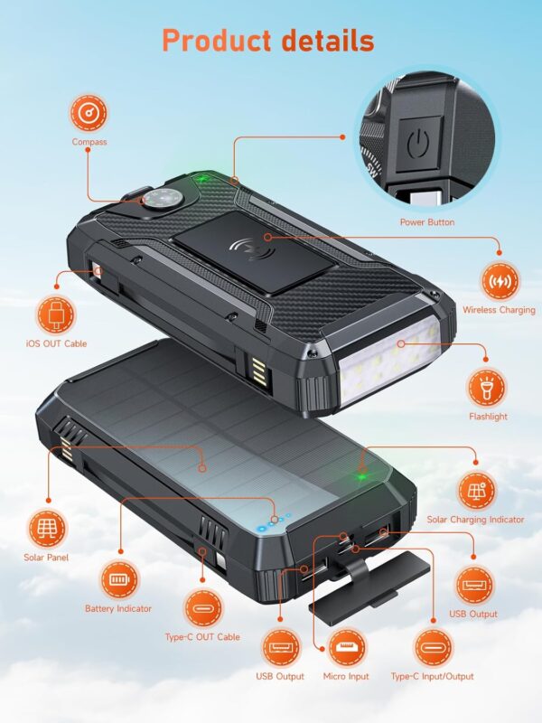 Power Bank Solaire 50000mAh - Chargeur Portable Avec Panneau Solaire, 120W, Lumière Intégrée, Idéal Camping Et Randonnée