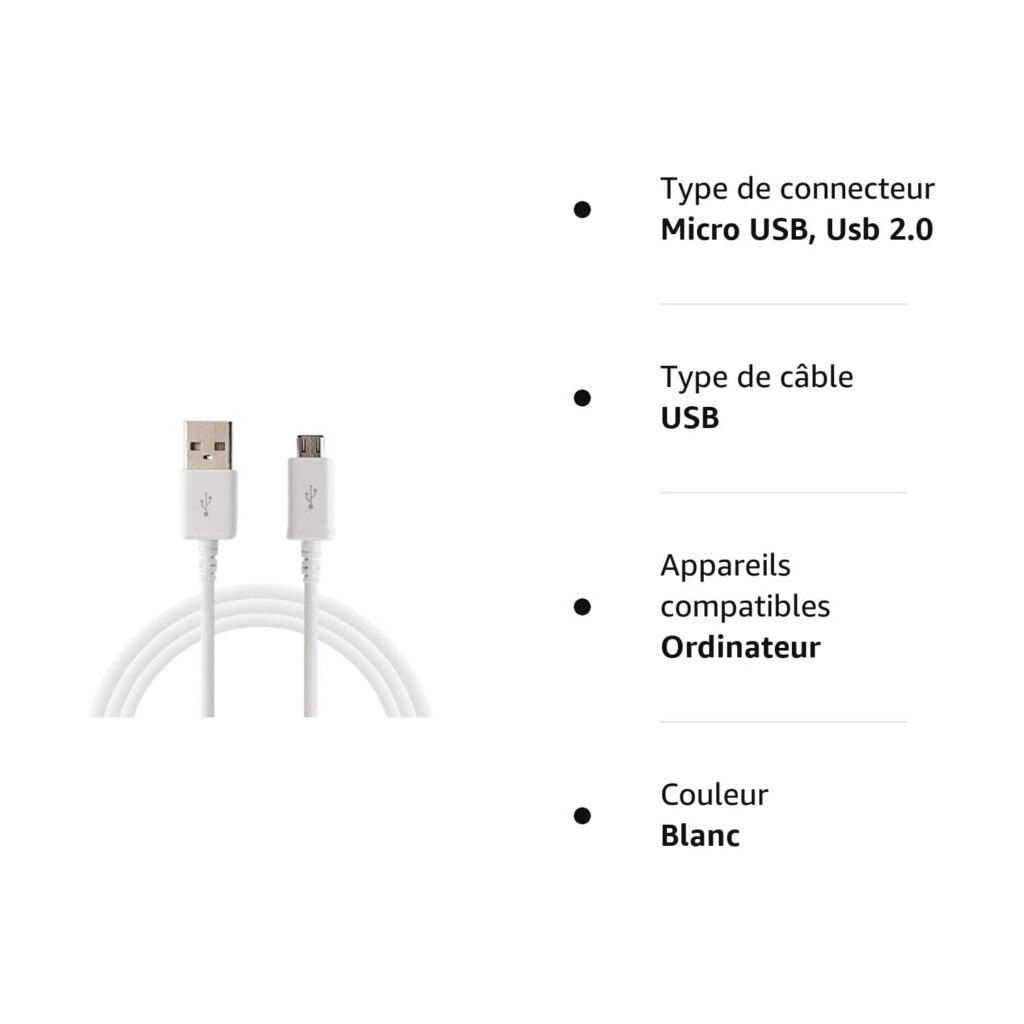 Câble Micro USB Charge Rapide BUDI 2.4A - Longueur 20cm Blanc - Neuf