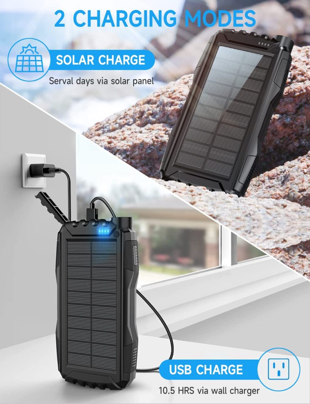 Power Bank 30000mAh Bluetooth Lampe SOS Manivelle Radio Solaire D'Urgence 30000mAh - 8 En 1 Avec Bluetooth, Lampe Torche, SOS, Boussole - Charge Solaire/Manivelle/USB-C équipement Survival Outdoor