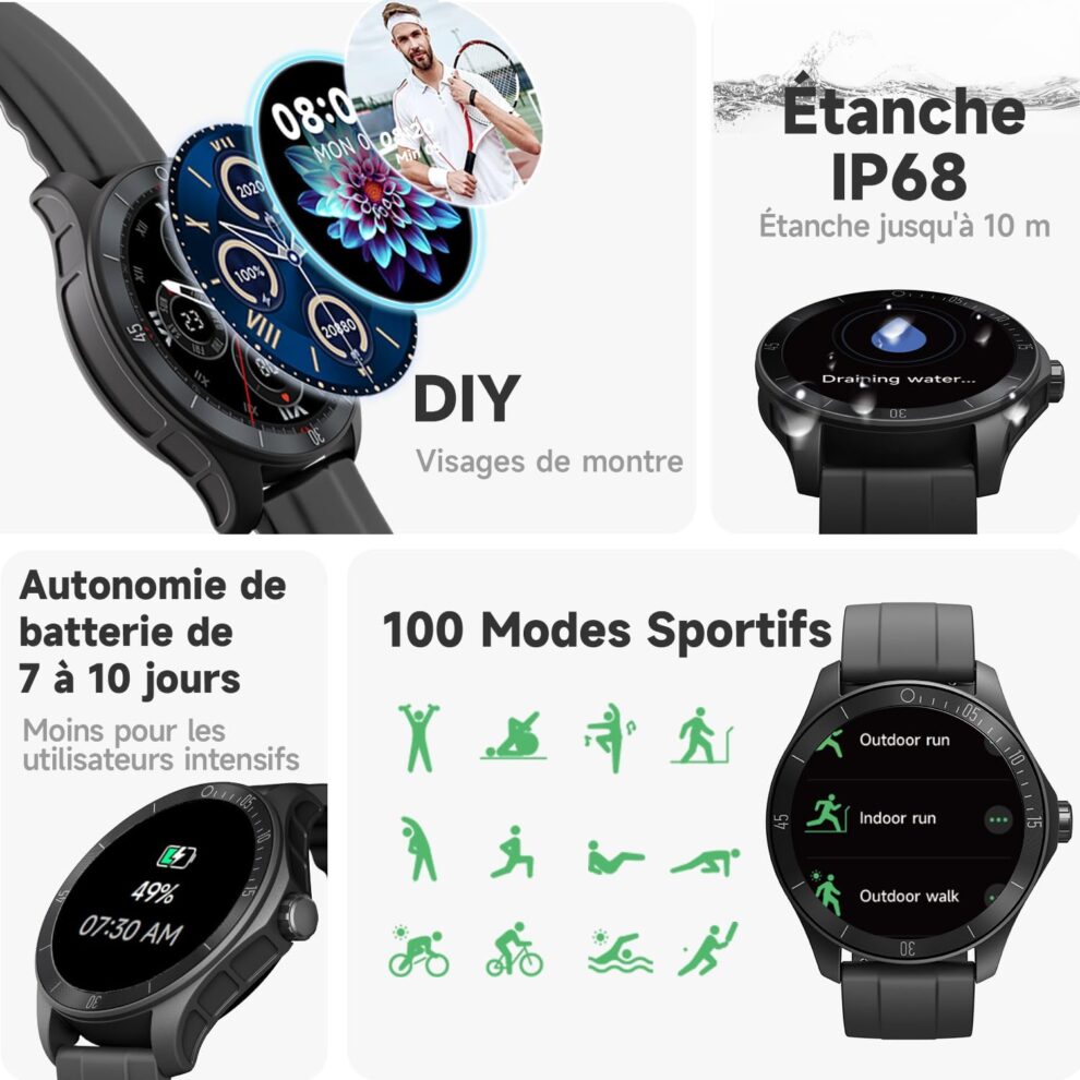 Montre Connectée Générique - Homme/Femme - 1,44 Pouces - Noir - Boîtier 36mm - Ouvert